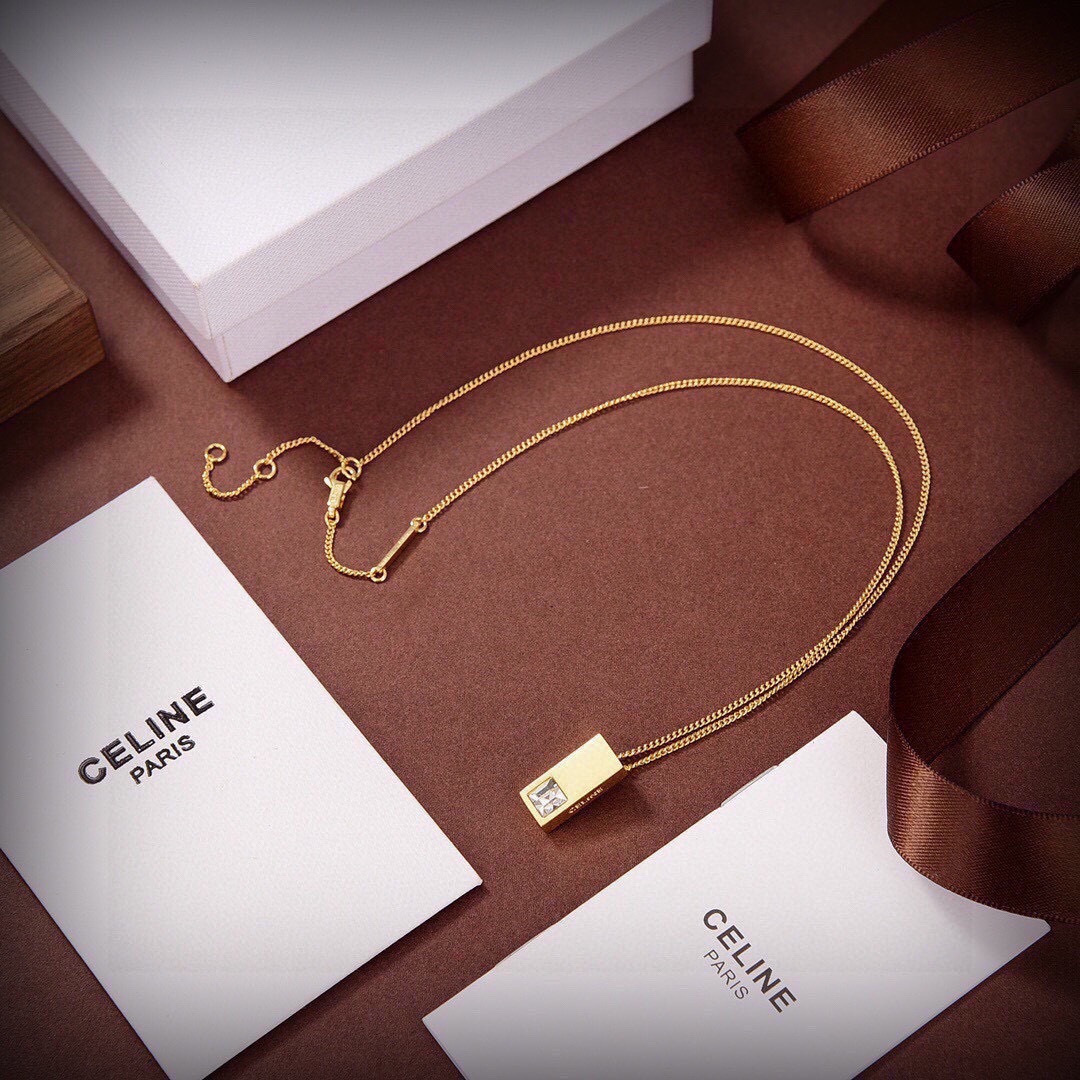 Celine PRECLOUS necklace gold-tone metal with clear square-cut stone 45cm