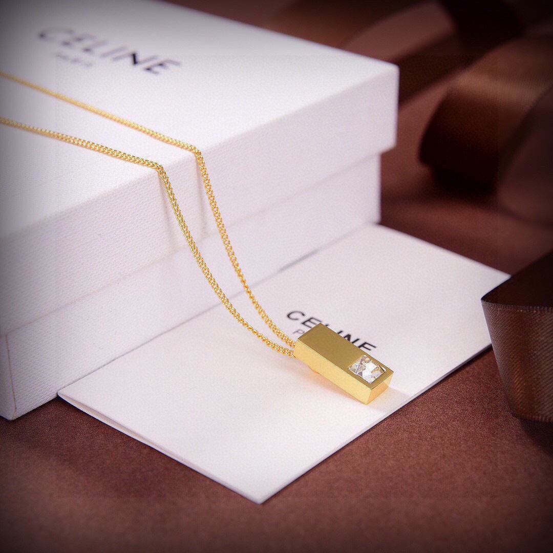 Celine PRECLOUS necklace gold-tone metal with clear square-cut stone 45cm