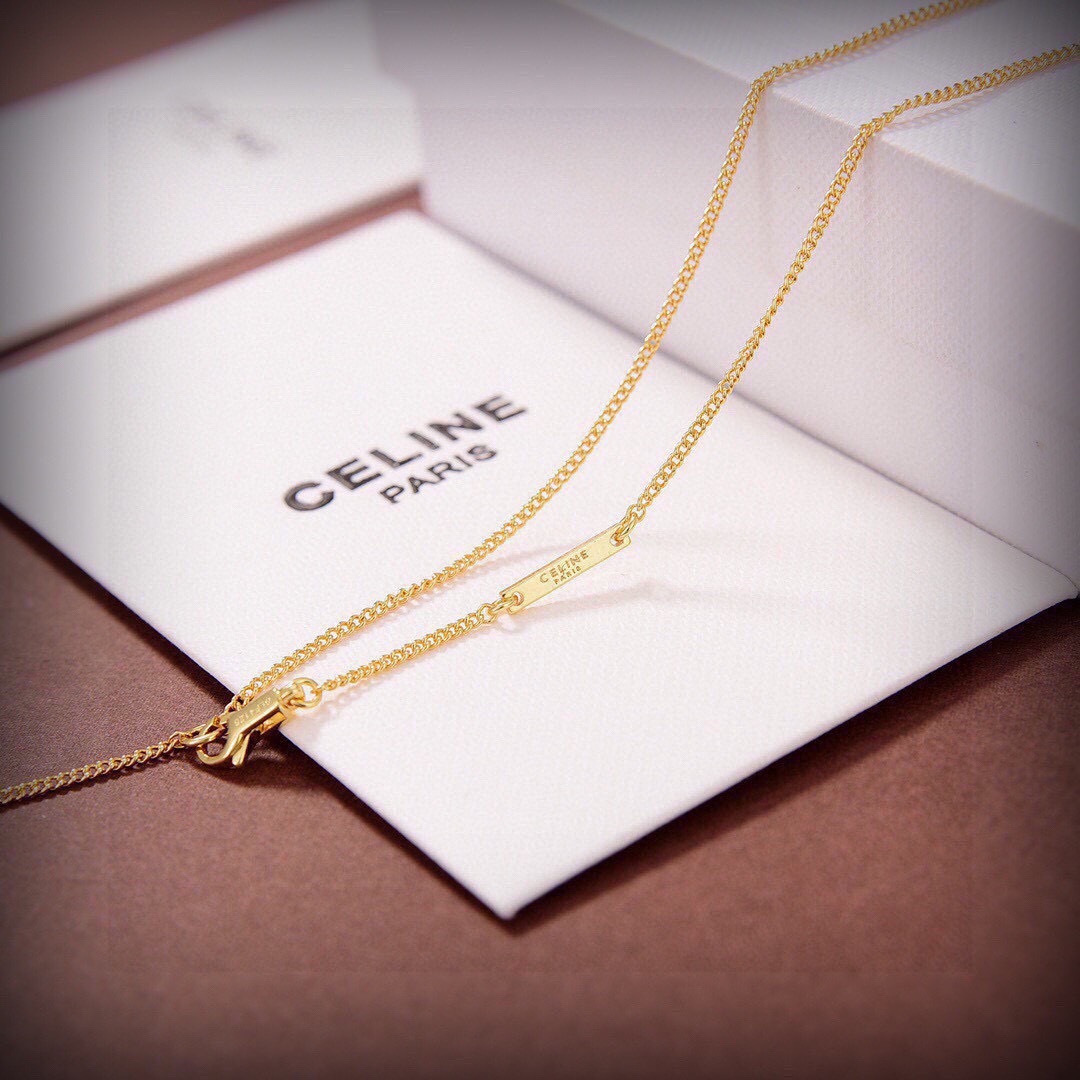 Celine PRECLOUS necklace gold-tone metal with clear square-cut stone 45cm