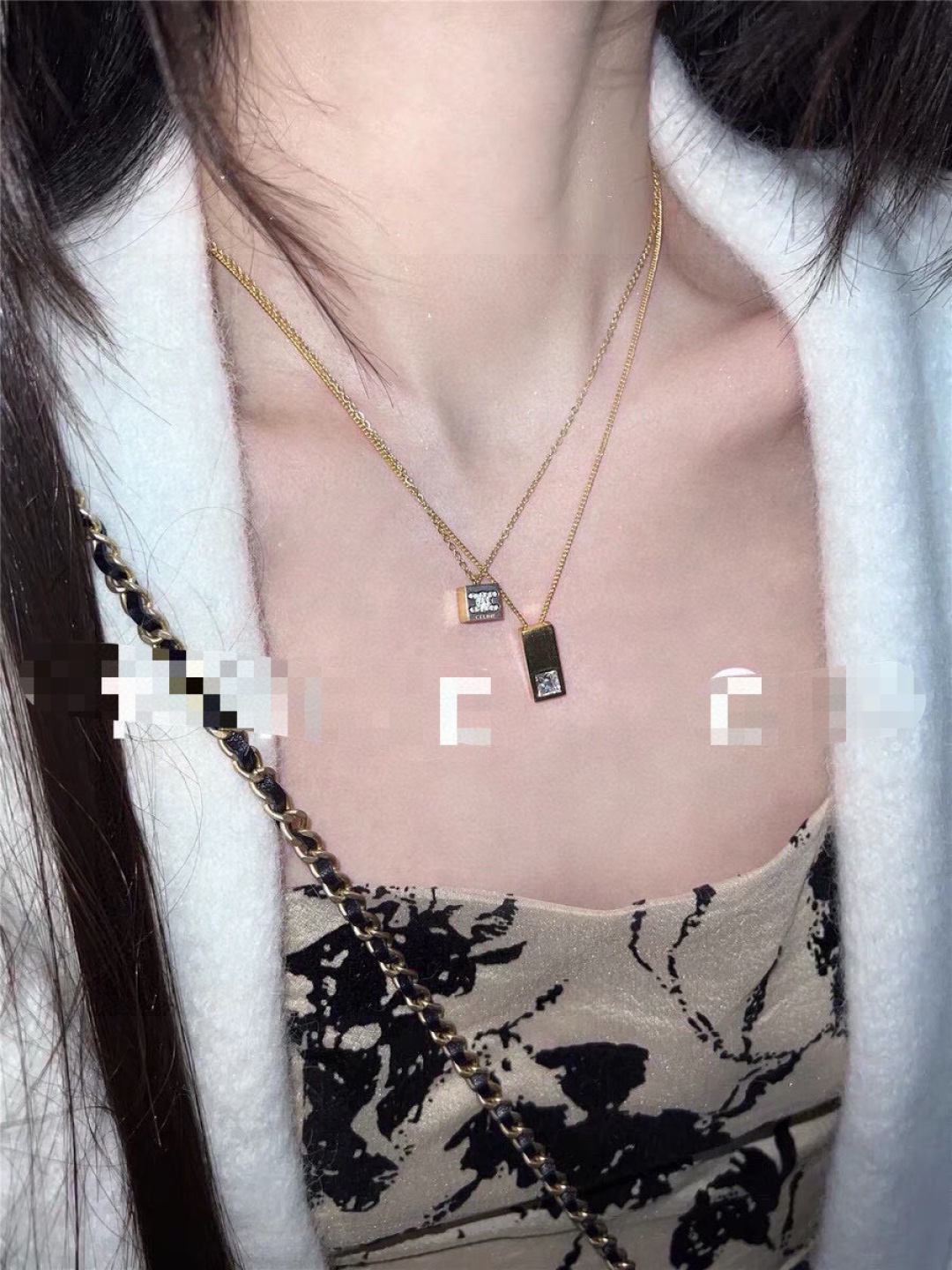 Celine PRECLOUS necklace gold-tone metal with clear square-cut stone 45cm