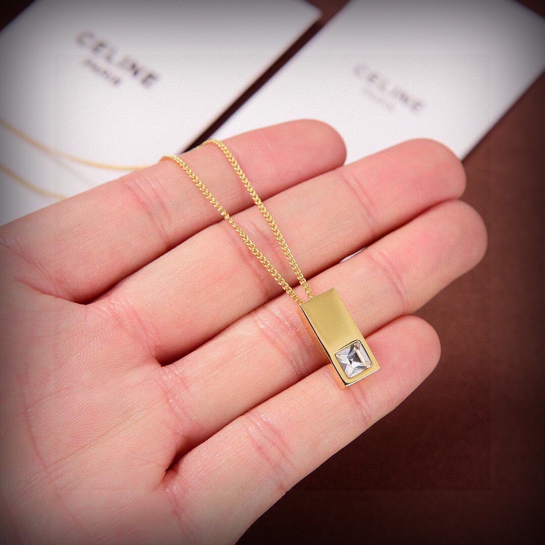Celine PRECLOUS necklace gold-tone metal with clear square-cut stone 45cm