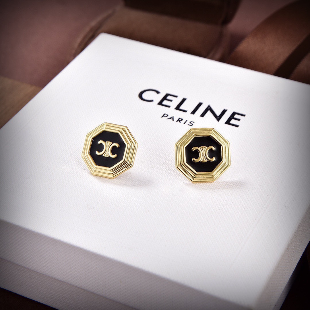 Celine Triomphe Octagonal Stud Earrings earrings gold-tone metal with black enamel 1 5cm diameter