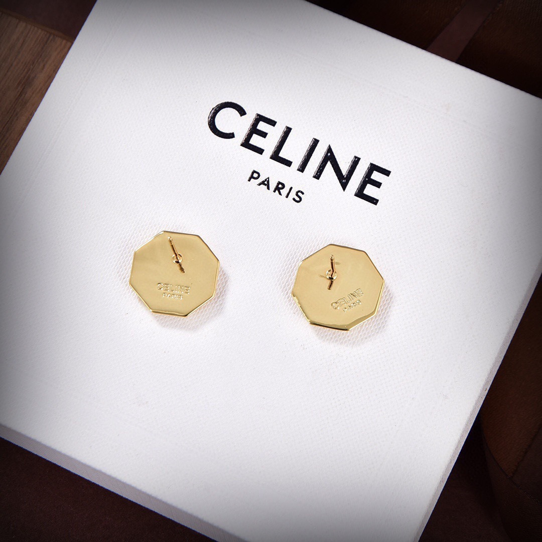 Celine Triomphe Octagonal Stud Earrings earrings gold-tone metal with black enamel 1 5cm diameter