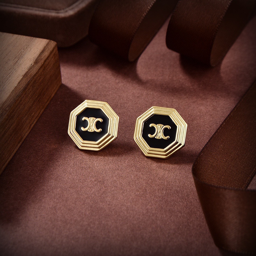 Celine Triomphe Octagonal Stud Earrings earrings gold-tone metal with black enamel 1 5cm diameter