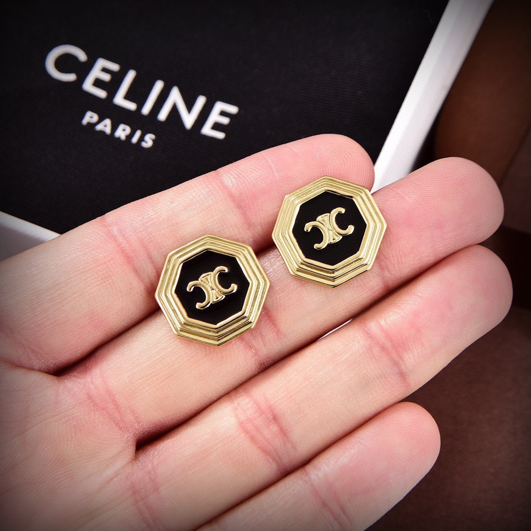 Celine Triomphe Octagonal Stud Earrings earrings gold-tone metal with black enamel 1 5cm diameter