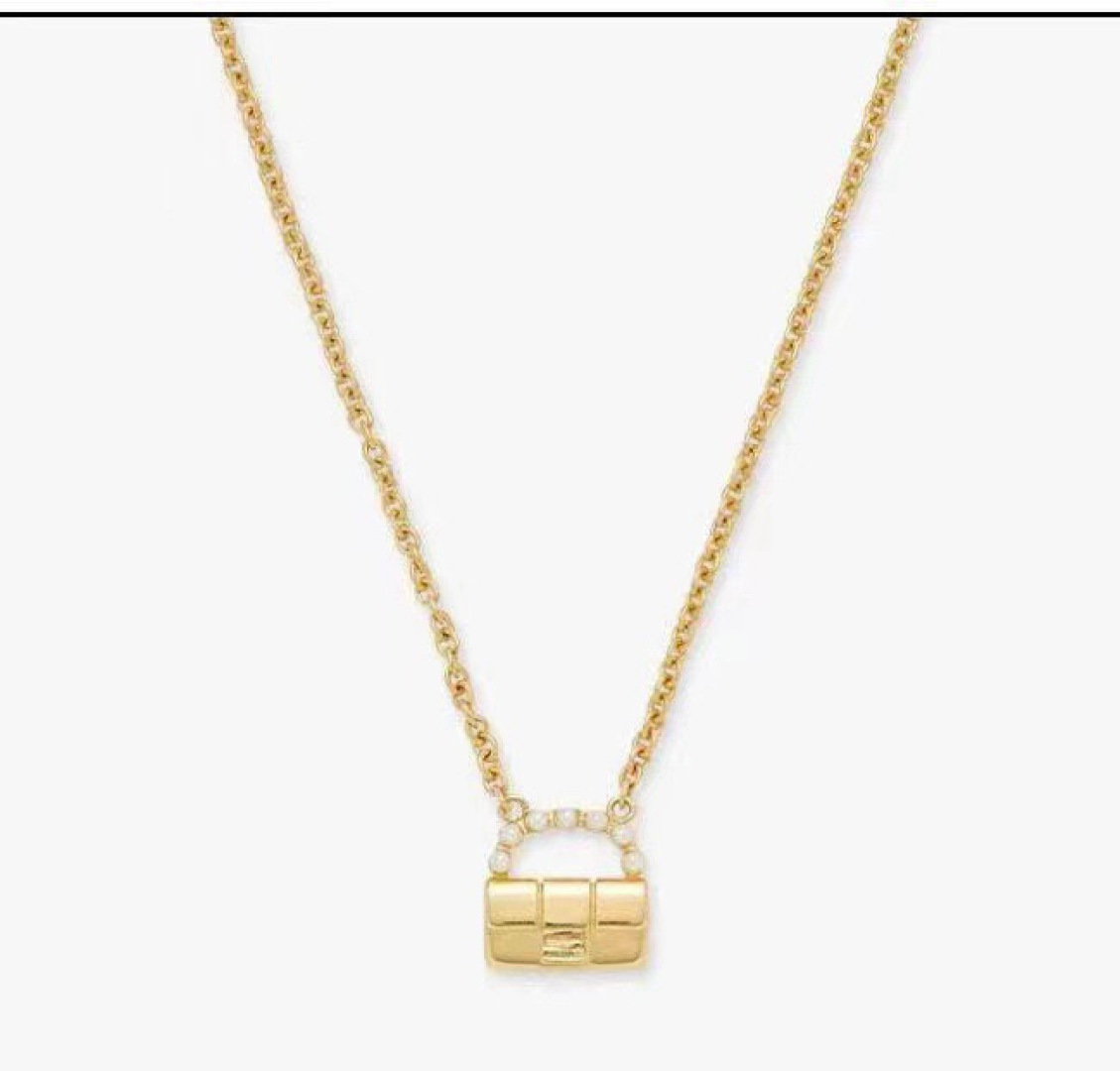 Fendi Baguette Bag Pendant necklace gold-tone metal with white pearl accents 45cm