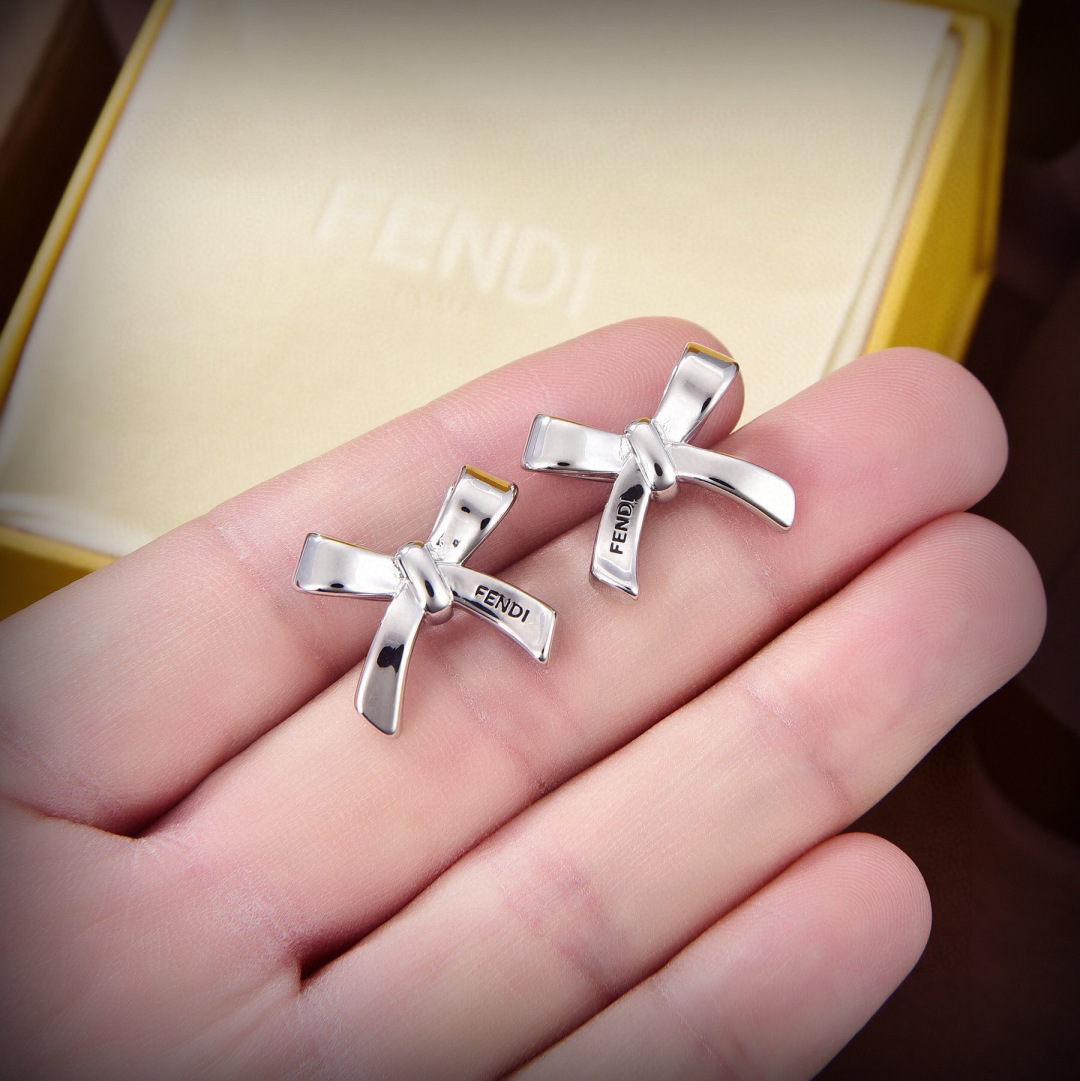Fendi FENDI logo Bow Stud Earrings earrings Silver-toned polished metal no accent stones 1 2cm width per earring
