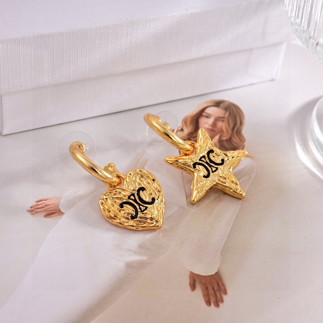 Celine Triomphe Mismatched Heart Star Hoop Earrings earrings Gold-tone metal with black enamel Triomphe logo detailing One Size hoop diameter 1 2cm charm drop 1 5cm