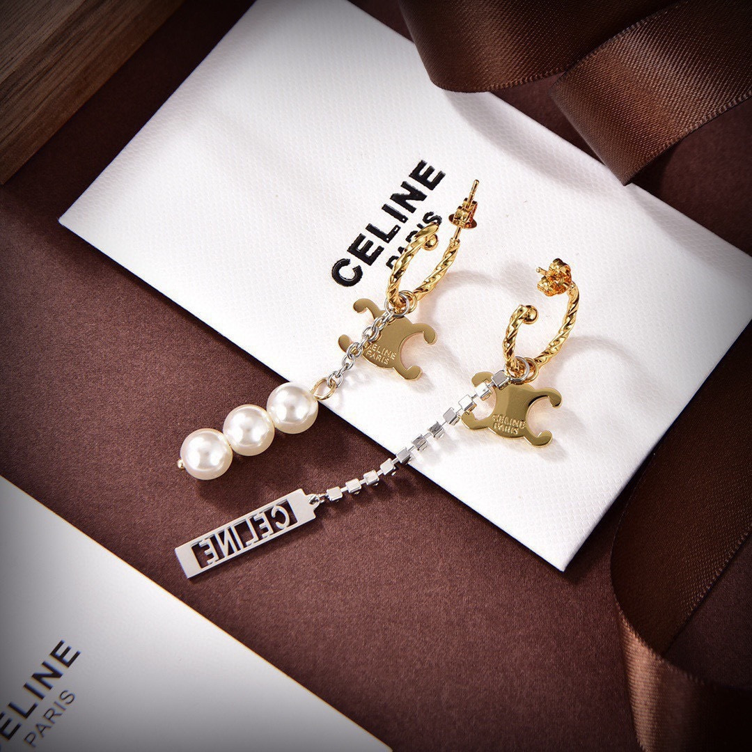 Celine PRECLOUS Triomphe Asymmetric Drop Earrings earrings gold-tone metal silver-tone metal white pearl clear crystal 6 5cm drop length