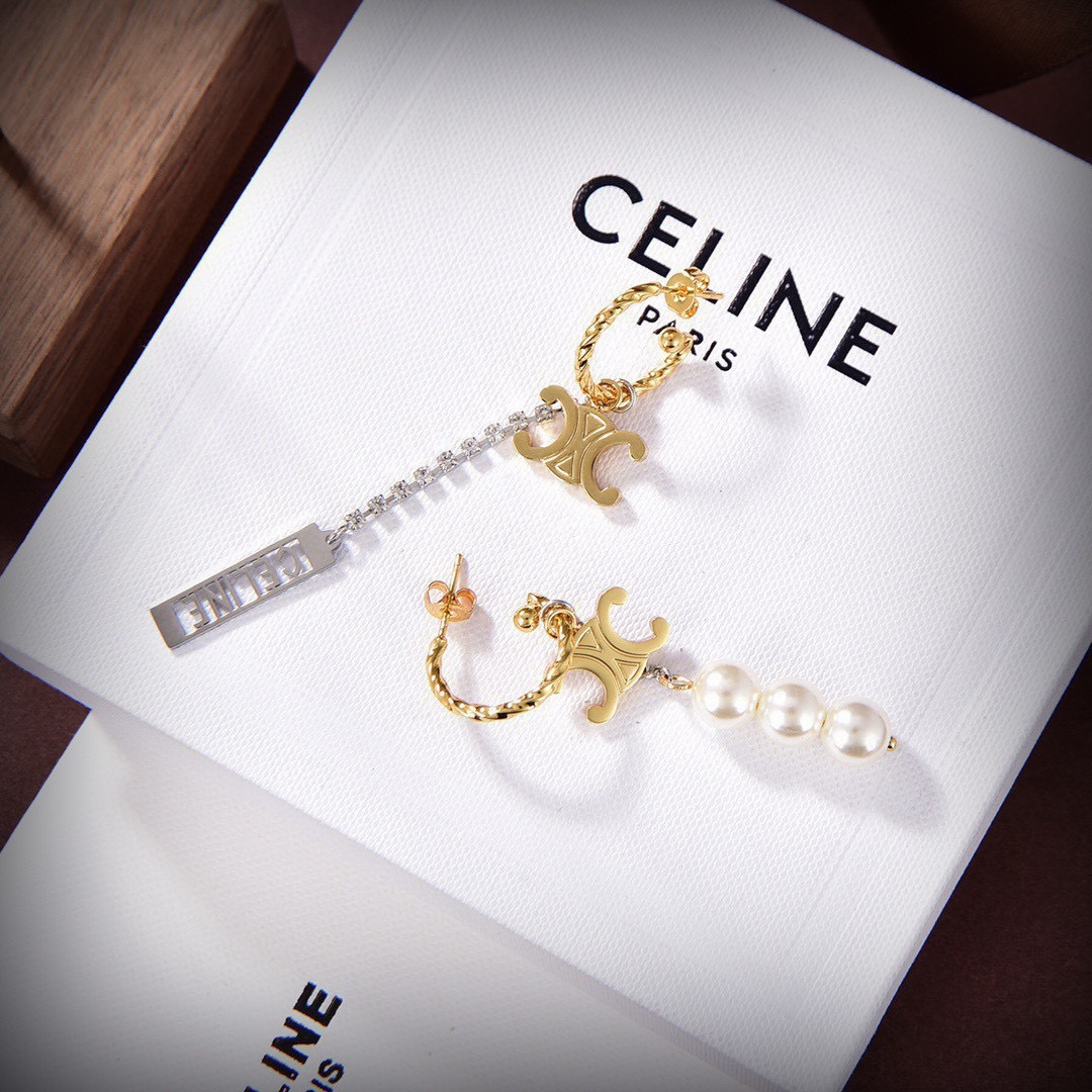 Celine PRECLOUS Triomphe Asymmetric Drop Earrings earrings gold-tone metal silver-tone metal white pearl clear crystal 6 5cm drop length