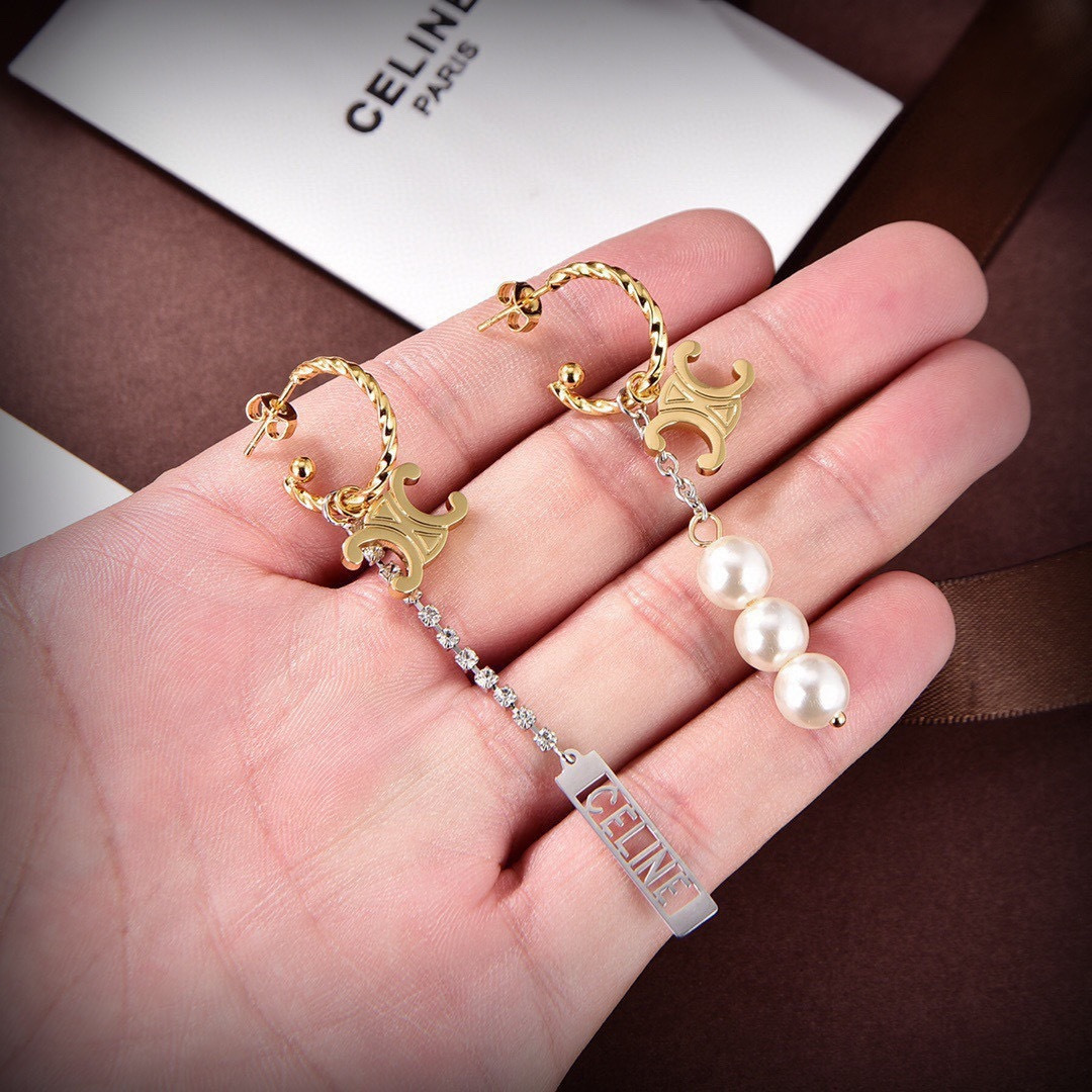 Celine PRECLOUS Triomphe Asymmetric Drop Earrings earrings gold-tone metal silver-tone metal white pearl clear crystal 6 5cm drop length