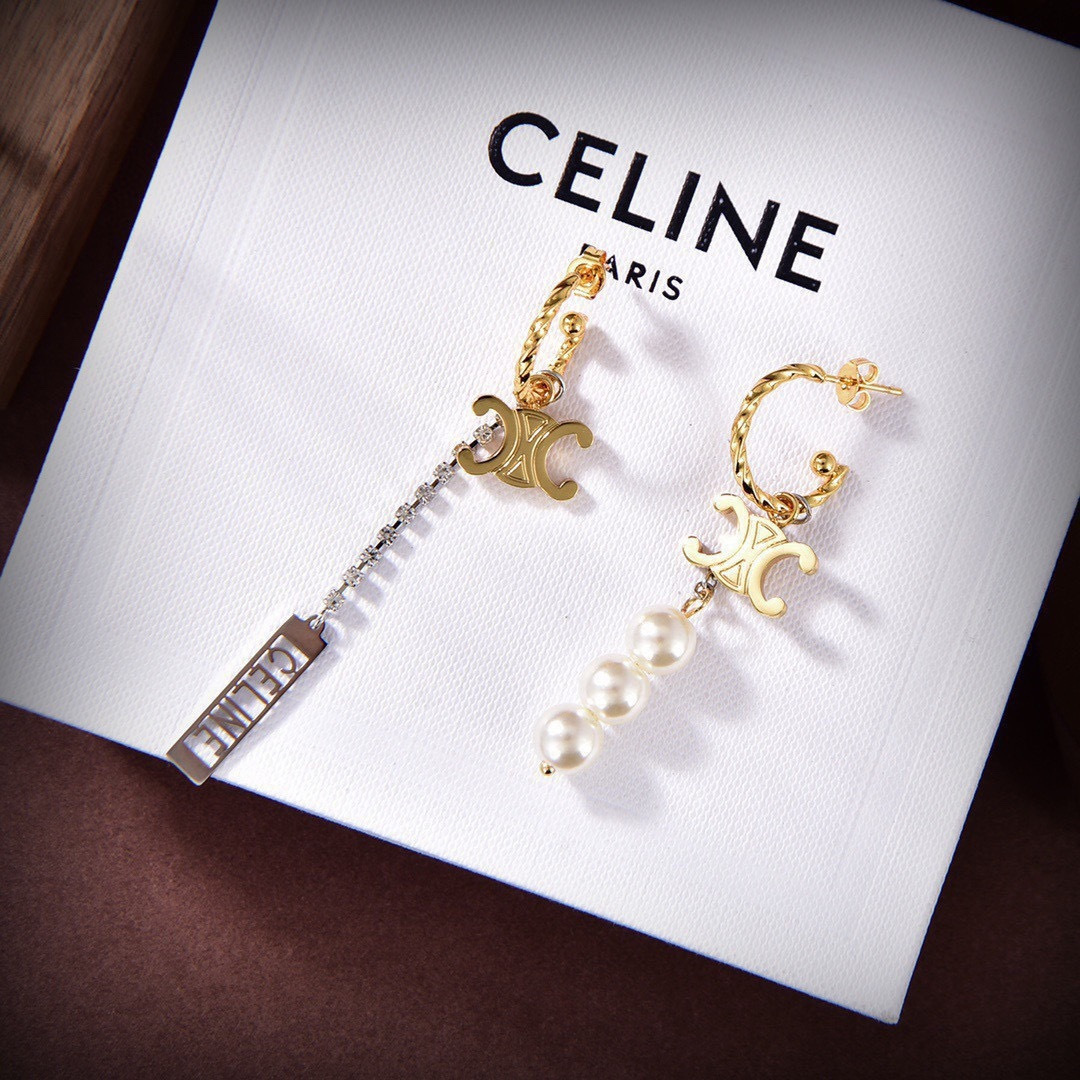 Celine PRECLOUS Triomphe Asymmetric Drop Earrings earrings gold-tone metal silver-tone metal white pearl clear crystal 6 5cm drop length