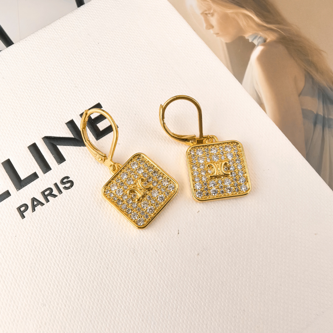 Celine PRECIOUS Triomphe Square Crystal earrings silver-toned metal with clear crystal pave 1 5cm drop length
