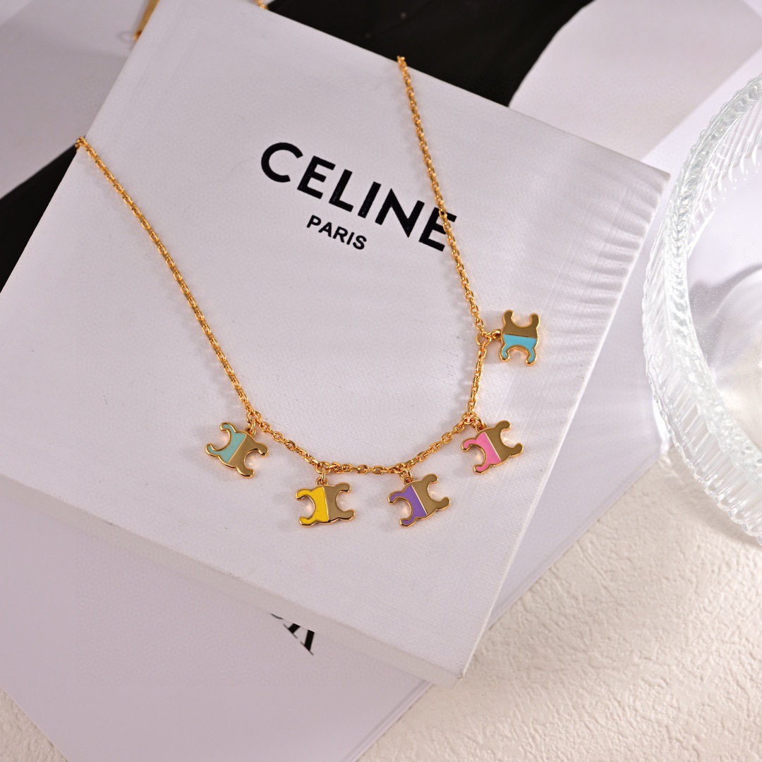 Celine Triomphe Multi-Color Enamel Charm necklace Gold-tone metal with turquoise yellow purple pink enamel accents 42cm