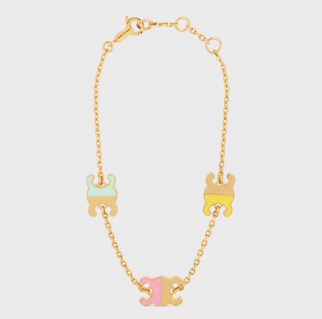 Celine Triomphe Multi-Color Enamel Charm necklace Gold-tone metal with turquoise yellow purple pink enamel accents 42cm
