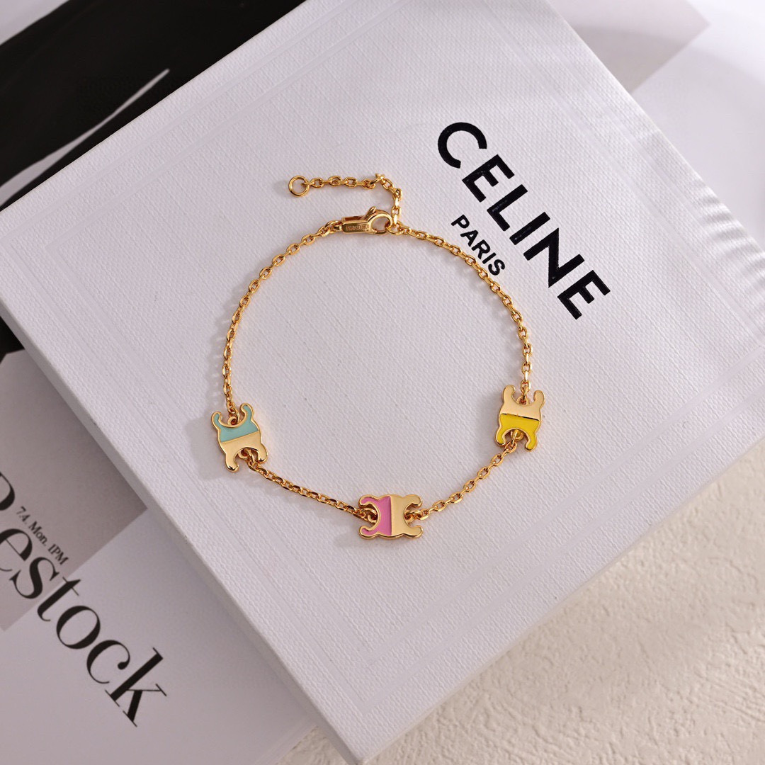 Celine Triomphe Multi-Color Enamel Charm necklace Gold-tone metal with turquoise yellow purple pink enamel accents 42cm