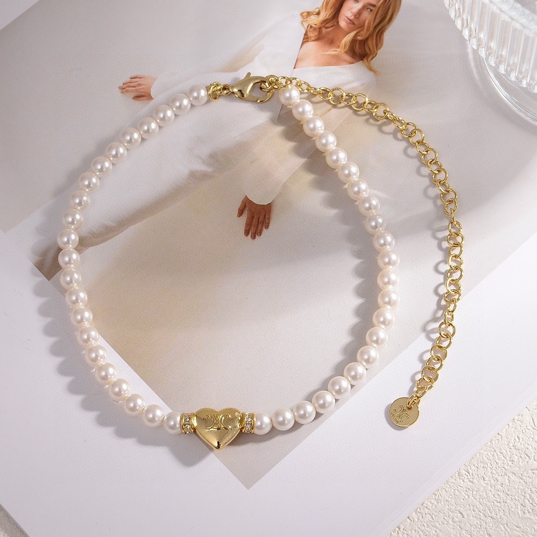 Celine Precious Heart Pearl necklace gold-tone metal white pearl clear crystal accents 40cm with 5cm extender chain