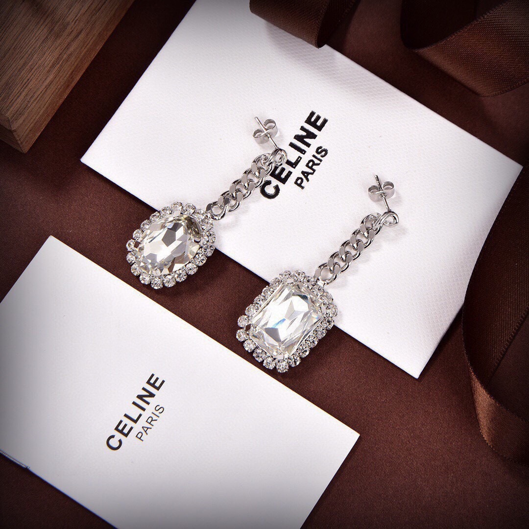 Celine PRECIOUS earrings silver-toned metal with clear faceted crystals 5 5cm drop length