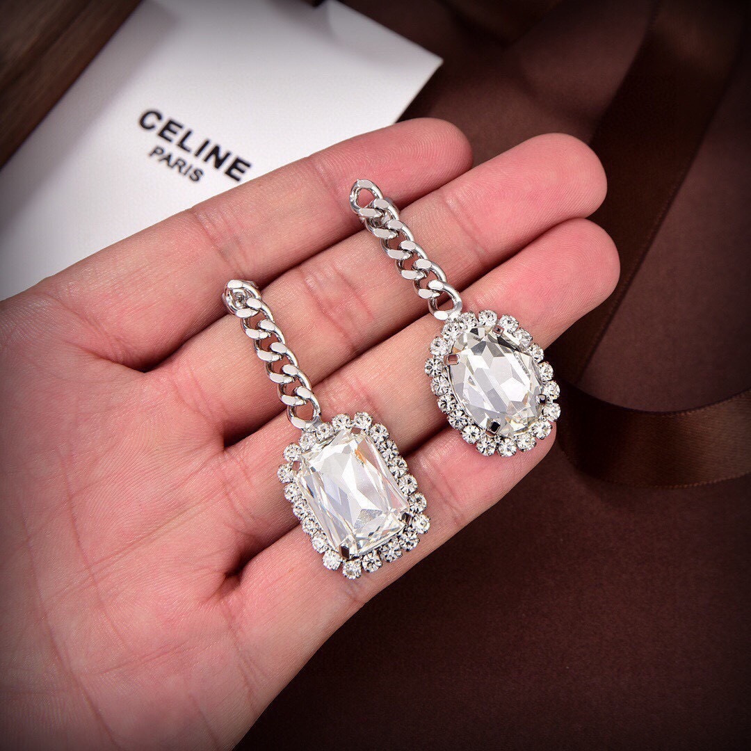 Celine PRECIOUS earrings silver-toned metal with clear faceted crystals 5 5cm drop length