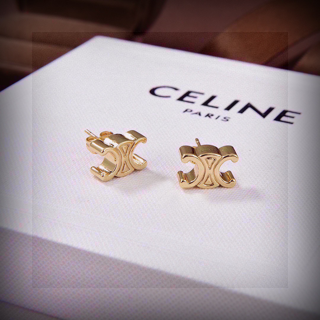 Celine Triomphe earrings gold-tone metal no gemstones 1cm stud diameter