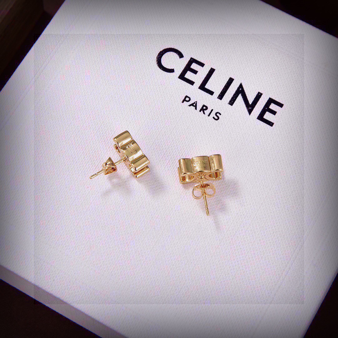 Celine Triomphe earrings gold-tone metal no gemstones 1cm stud diameter