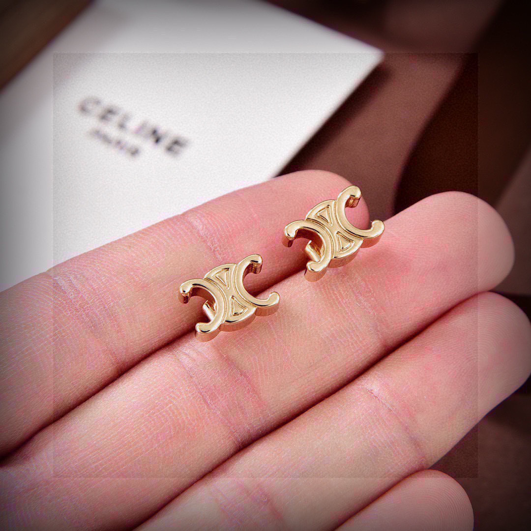 Celine Triomphe earrings gold-tone metal no gemstones 1cm stud diameter
