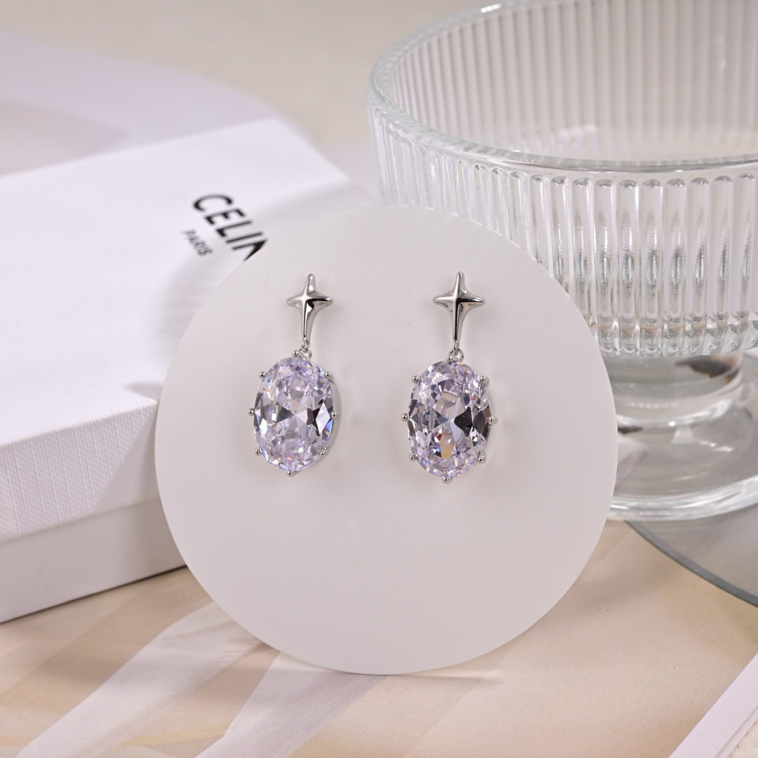 Celine Star Oval Crystal Drop earrings silver-toned metal clear faceted crystal 2 5cm drop length