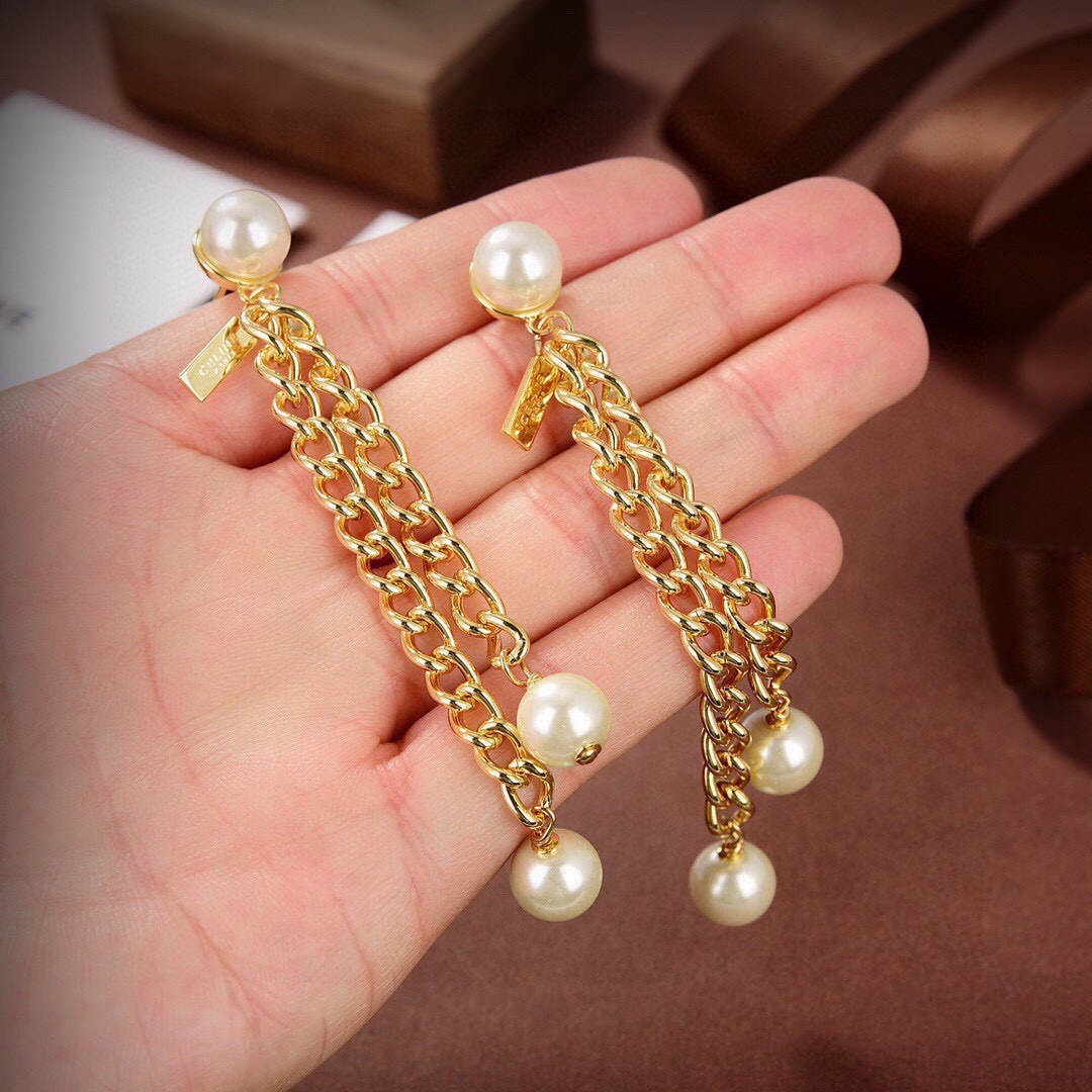 Celine Pearl Chain Drop Earrings earrings gold-tone metal with white pearl accents 7cm drop length