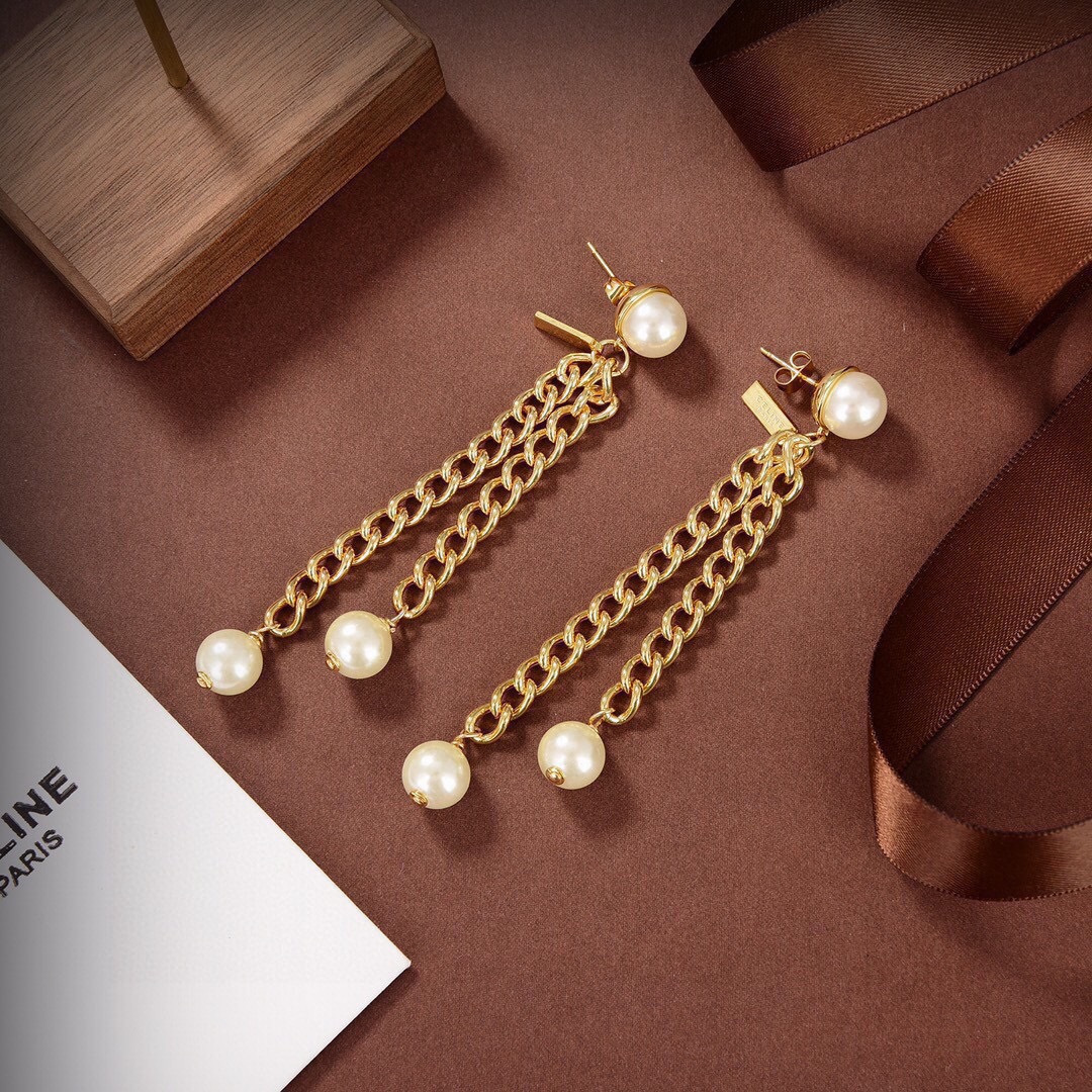 Celine Pearl Chain Drop Earrings earrings gold-tone metal with white pearl accents 7cm drop length