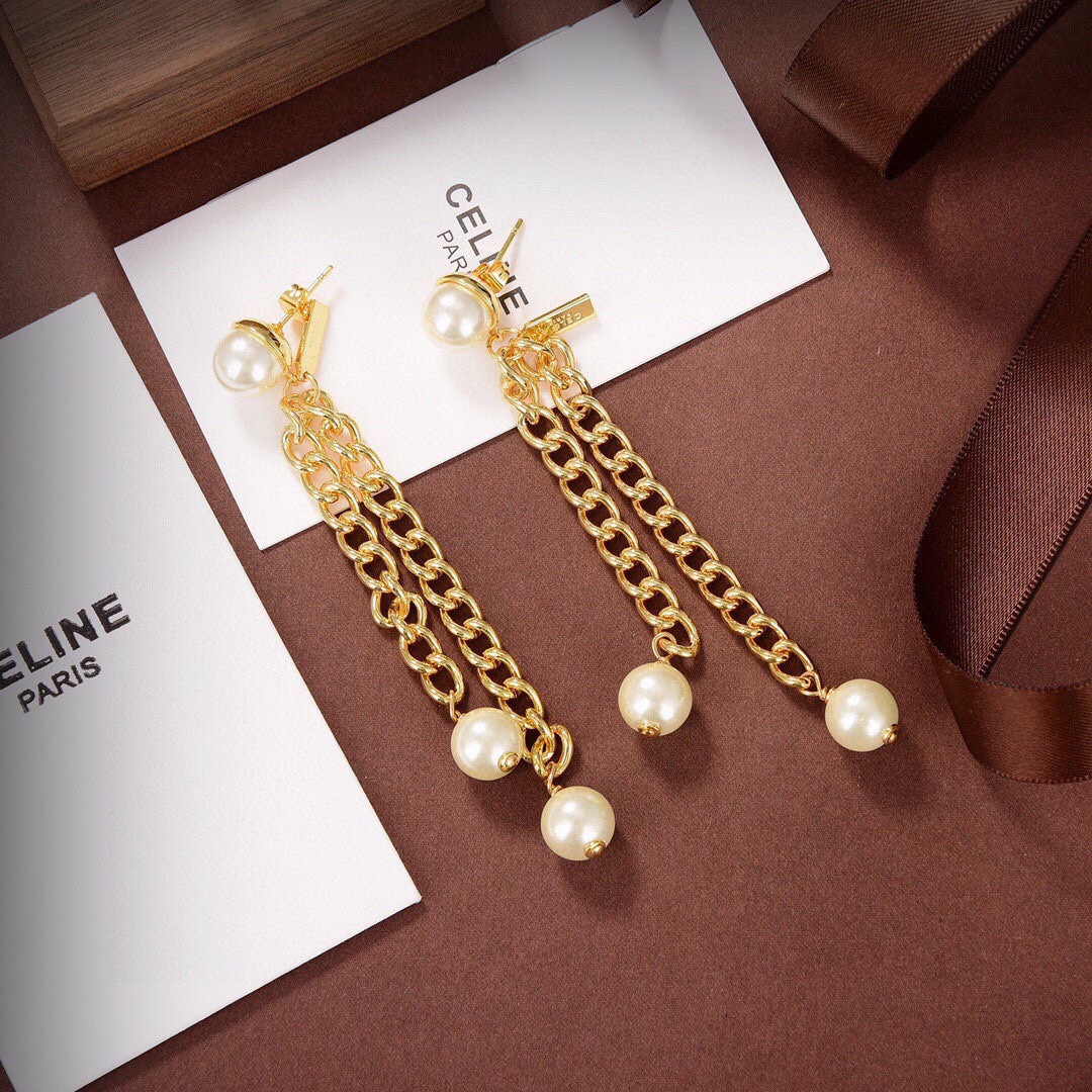 Celine Pearl Chain Drop Earrings earrings gold-tone metal with white pearl accents 7cm drop length