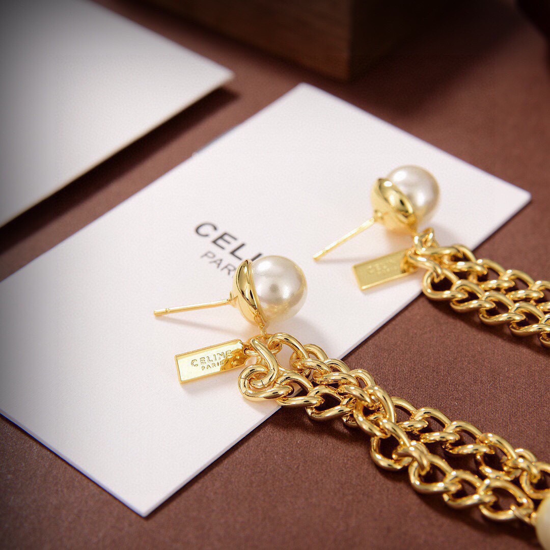 Celine Pearl Chain Drop Earrings earrings gold-tone metal with white pearl accents 7cm drop length