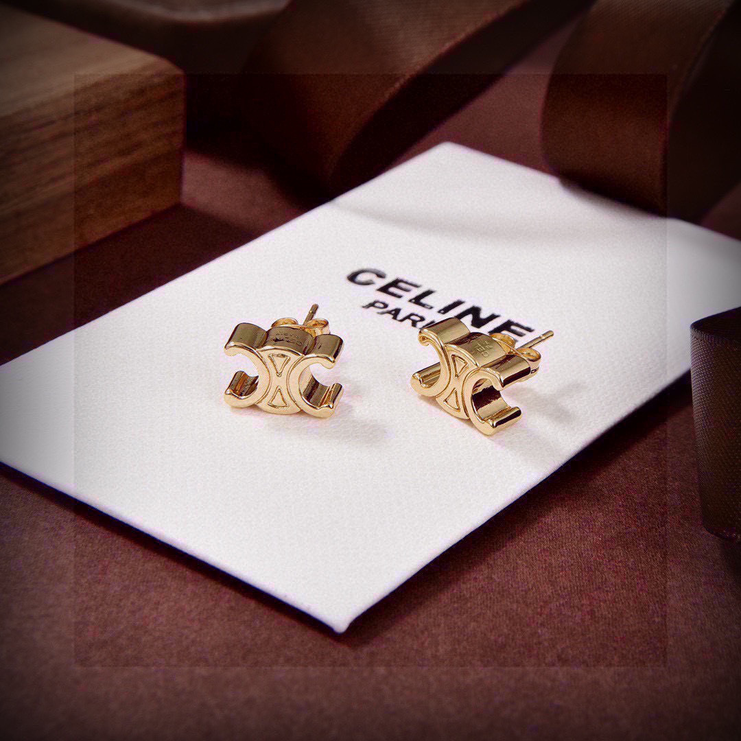 Celine Triomphe earrings gold-tone metal no accent stones 1cm stud diameter