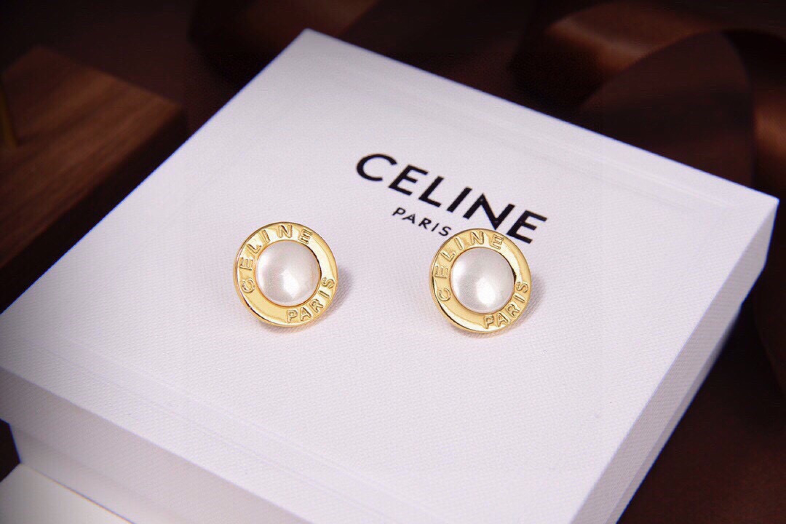 Celine Paris Logo Pearl Stud Earrings earrings gold-tone metal with white pearl center 1 5cm diameter