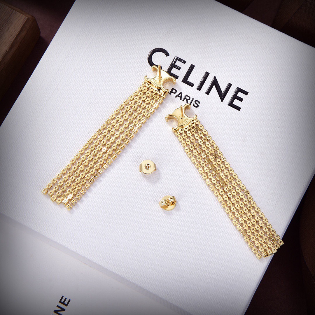 Celine PRECIOUS Triomphe Crystal Fringe Earrings earrings 18k gold-tone metal with clear crystal accents 6cm length