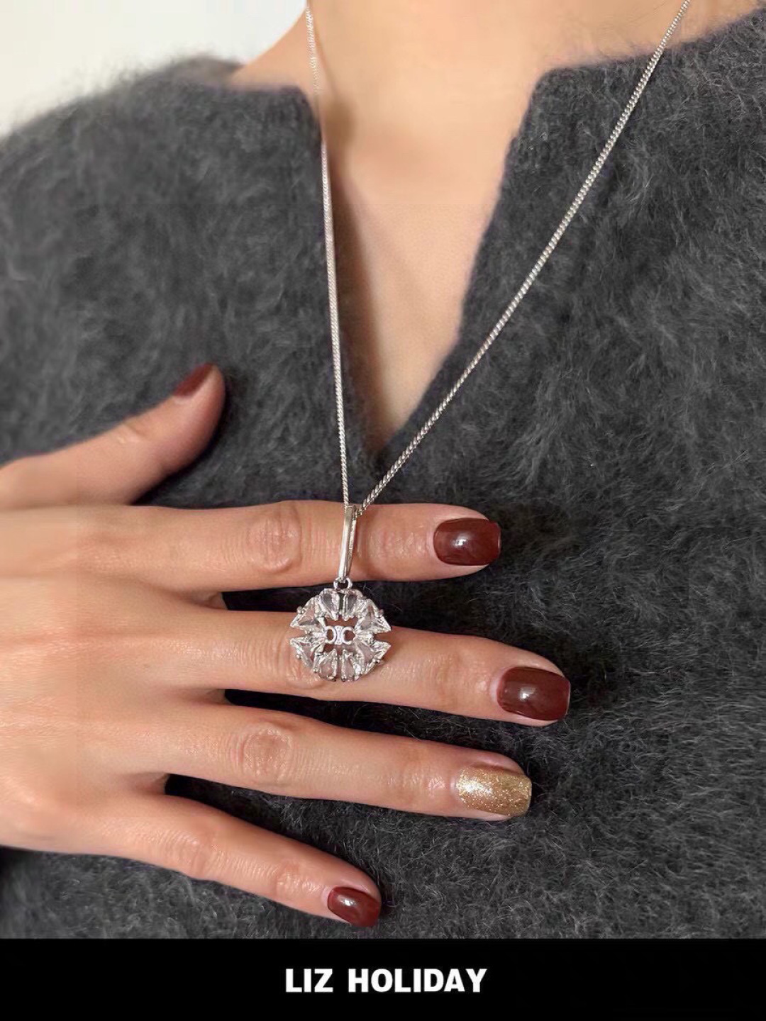 Celine DAISY necklace silver-toned metal with clear crystal accents 45cm
