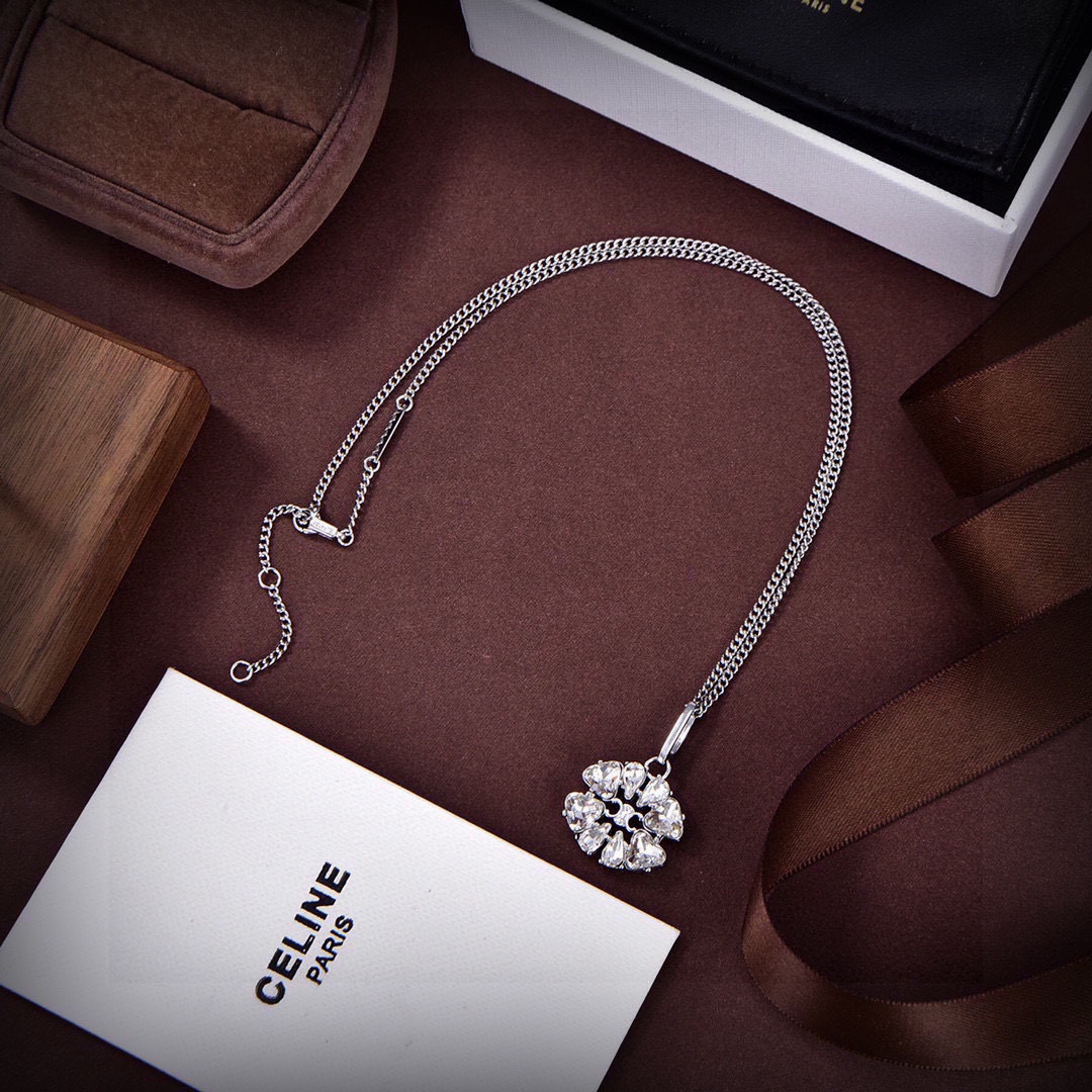 Celine DAISY necklace silver-toned metal with clear crystal accents 45cm