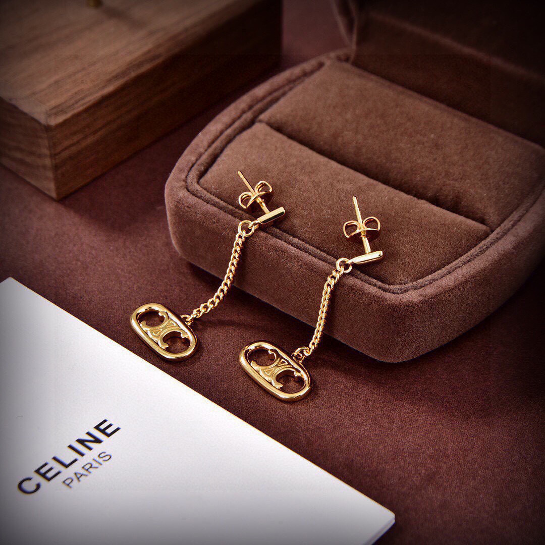 Celine PRECLOUS Triomphe Chain Drop earrings 18k gold tone metal no accent stones 3cm drop length