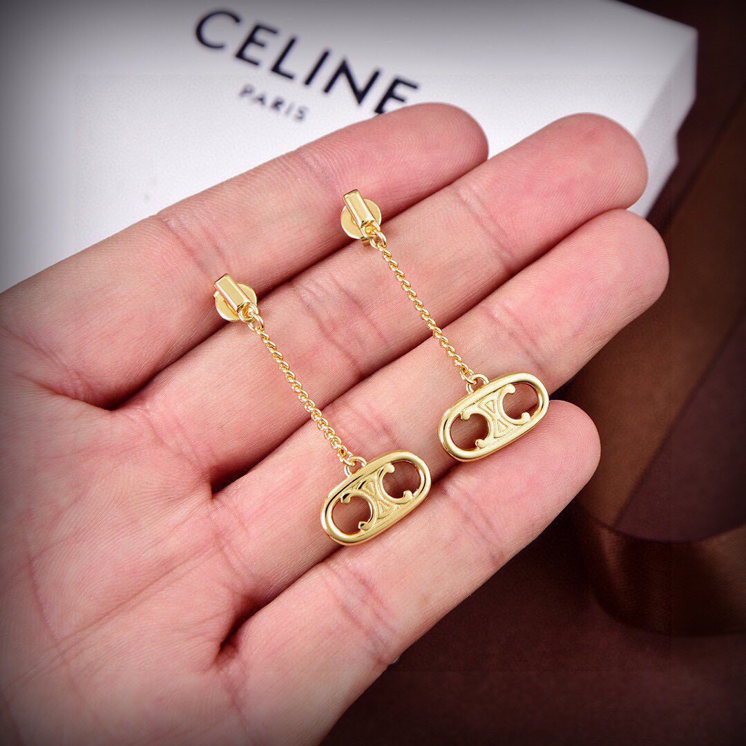 Celine PRECLOUS Triomphe Chain Drop earrings 18k gold tone metal no accent stones 3cm drop length