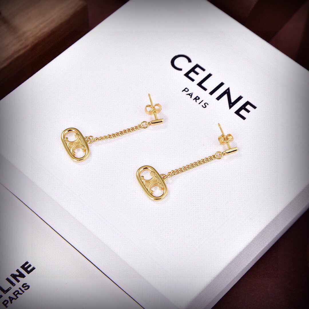 Celine PRECLOUS Triomphe Chain Drop earrings 18k gold tone metal no accent stones 3cm drop length