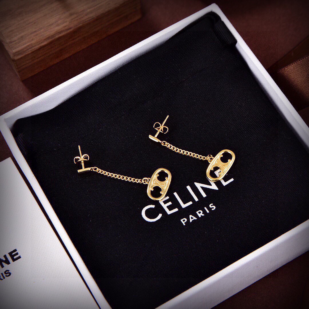 Celine PRECLOUS Triomphe Chain Drop earrings 18k gold tone metal no accent stones 3cm drop length