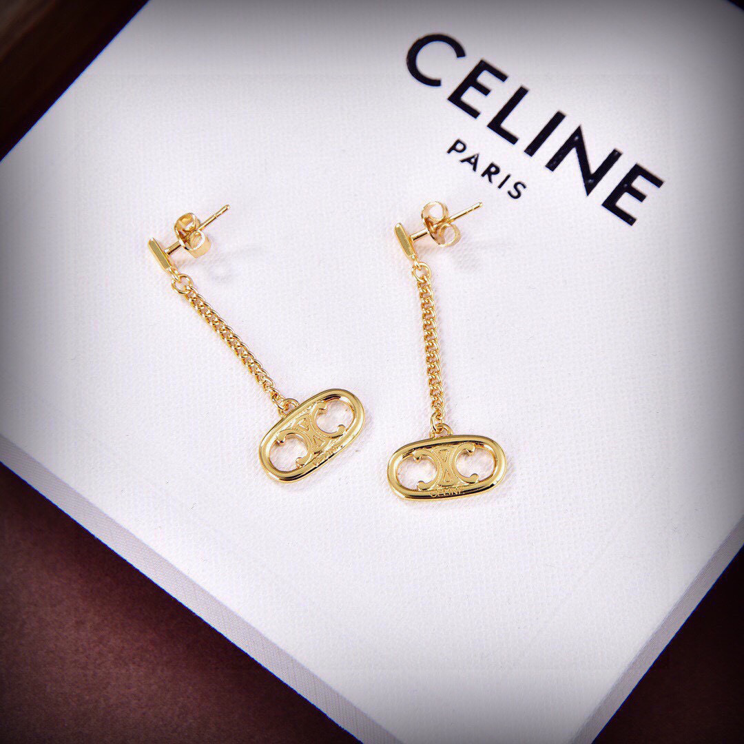 Celine PRECLOUS Triomphe Chain Drop earrings 18k gold tone metal no accent stones 3cm drop length