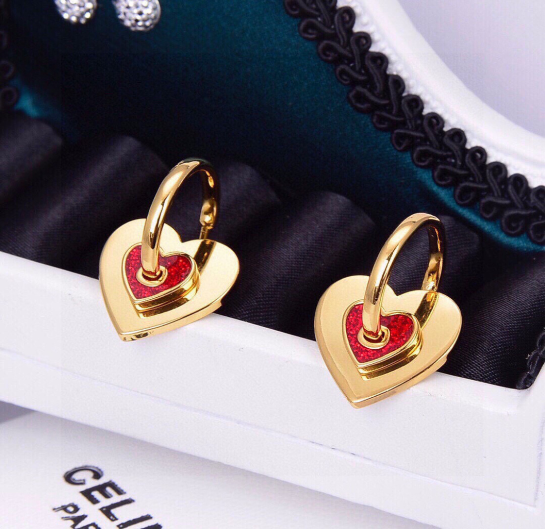 Celine Heart Charm Hoop Earrings earrings gold-tone metal with red enamel heart detail 1 5cm hoop diameter 2cm total drop length
