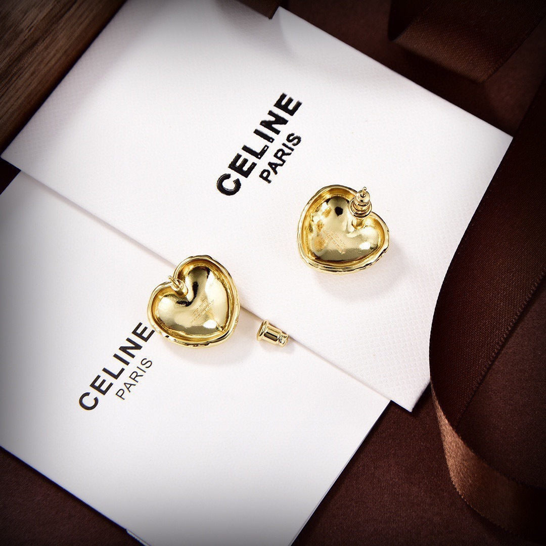 Celine Textured Puffy Heart Stud Earrings earrings Gold-tone metal with textured hammered finish no accent stones 1 5cm stud diameter