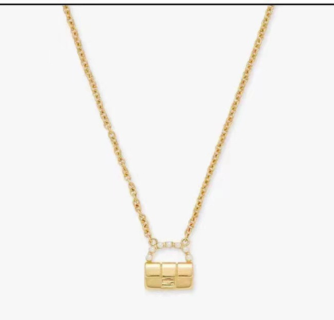 Fendi Baguette Bag Pendant necklace gold-tone metal with white pearl accents 45cm adjustable