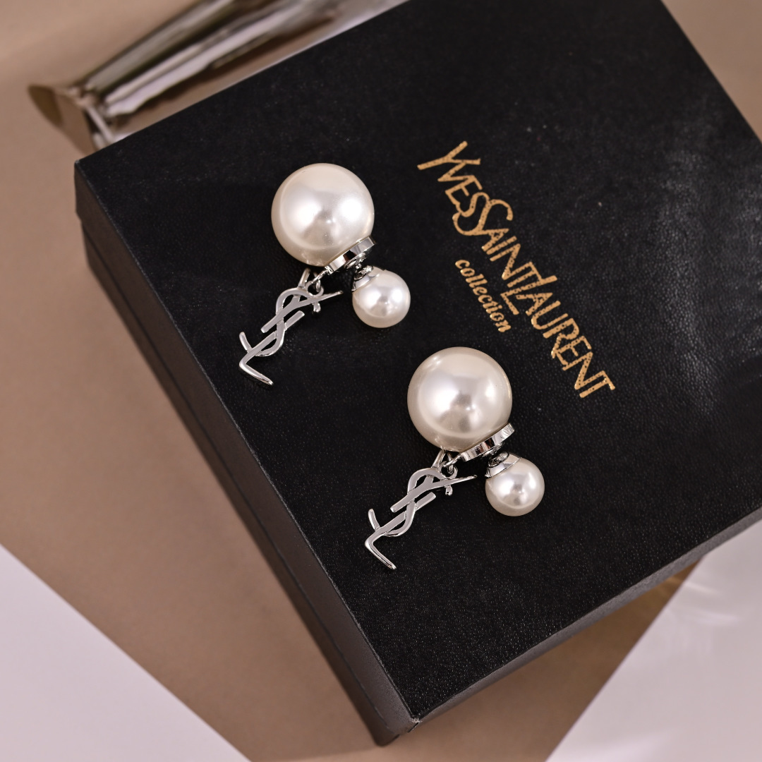 Saint Laurent YSL 1961 Cassandre Pearl Drop earrings Silver-toned metal with white imitation pearls One Size