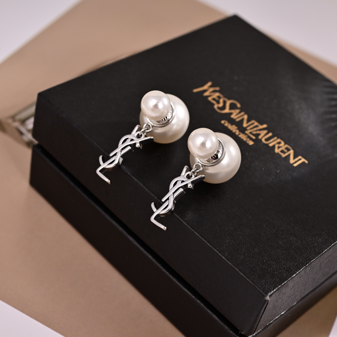 Saint Laurent YSL 1961 Cassandre Pearl Drop earrings Silver-toned metal with white imitation pearls One Size