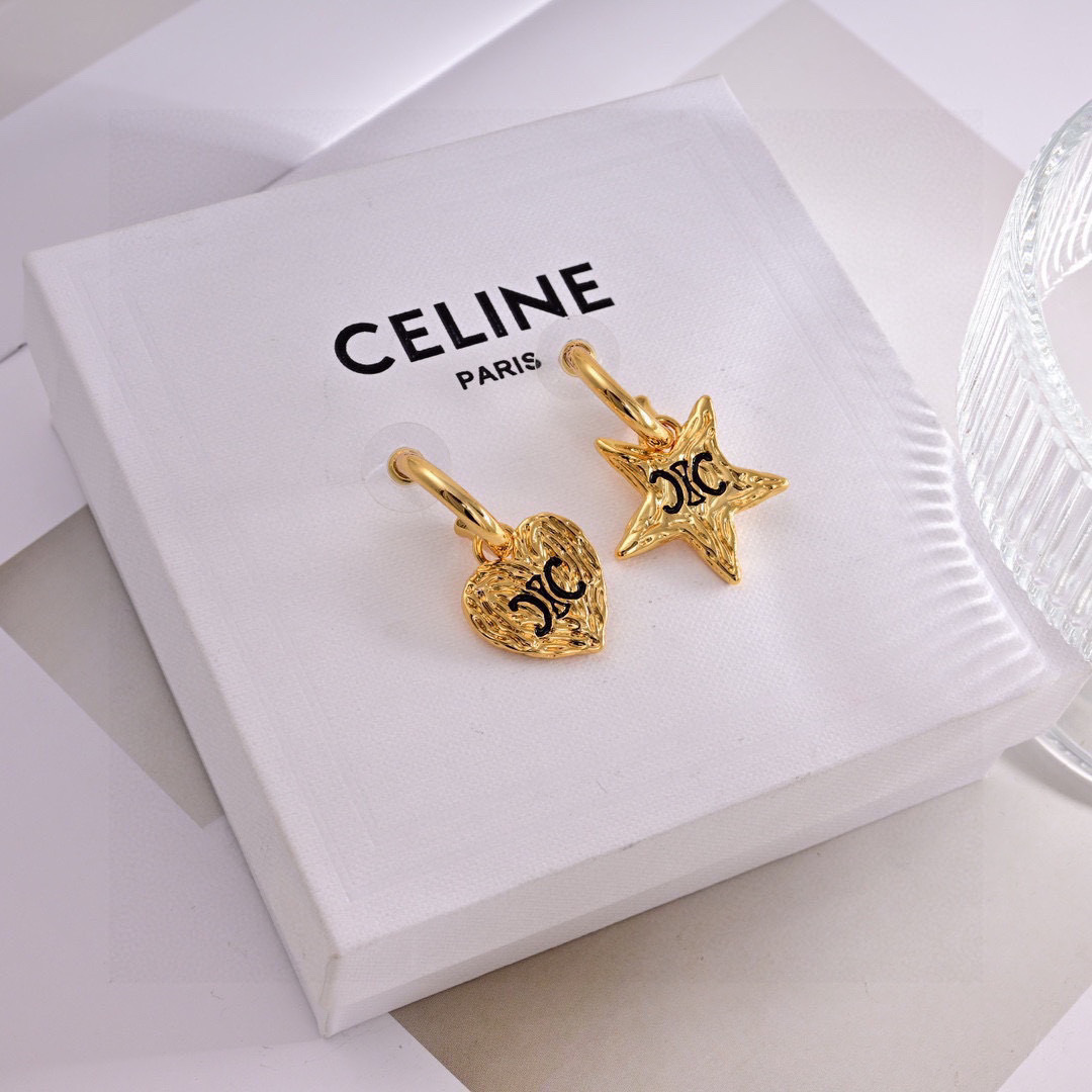 Celine Triomphe Asymmetric Heart Star Drop Earrings earrings Gold-tone metal with black enamel Triomphe logos 1 5cm hoop diameter 2cm total drop length