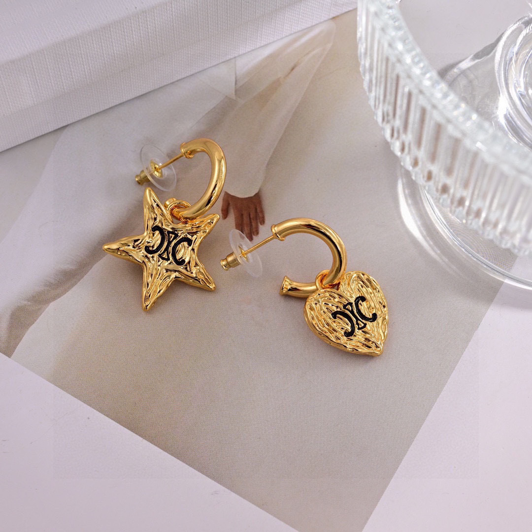 Celine Triomphe Asymmetric Heart Star Drop Earrings earrings Gold-tone metal with black enamel Triomphe logos 1 5cm hoop diameter 2cm total drop length
