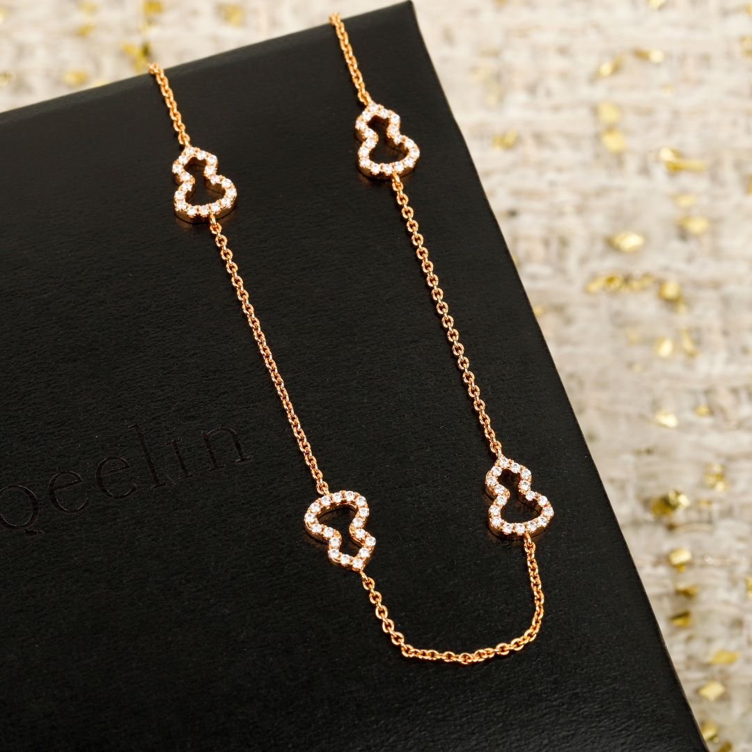 Qeelin Wulu Mini Solitaires necklace 18K rose gold with clear diamond pave 42cm with 5cm extender