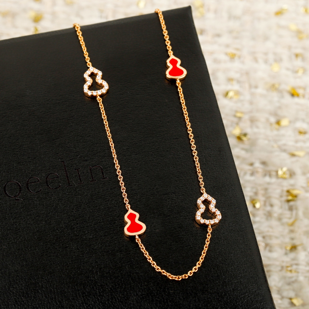 Qeelin Wulu Mini Solitaires necklace 18K rose gold red carnelian white diamond 42cm with 5cm extender
